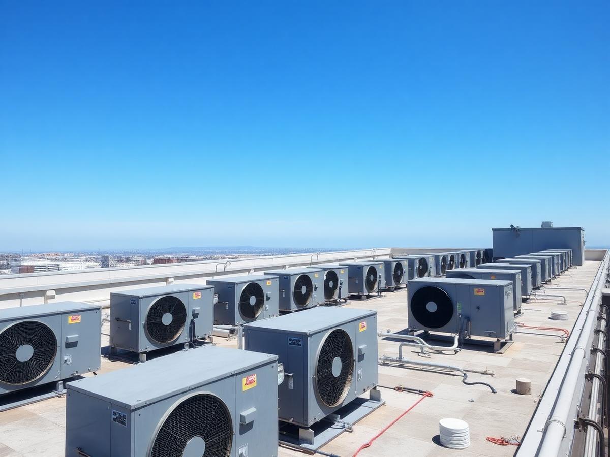 Conjunto de unidades condensadoras de climatização comercial instaladas em área técnica